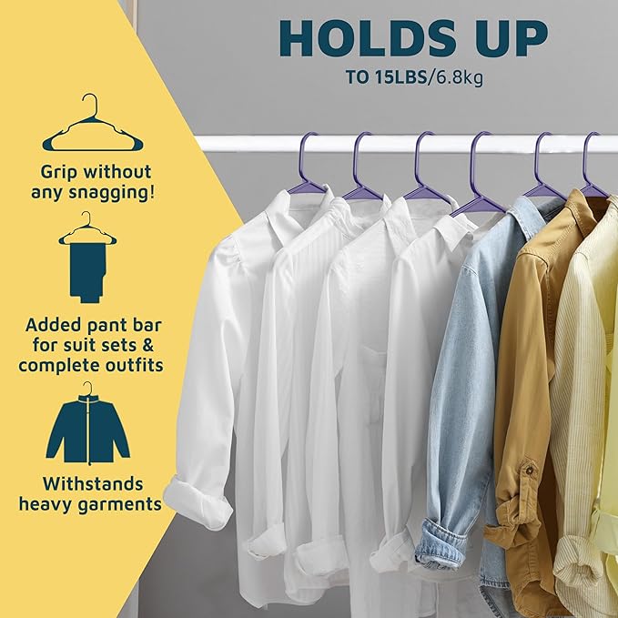 Plastic Clothes Hangers – Heavy Duty Hanger Set, for Organizing Clothes, Dresses, and Coats, Holds Up to 5 lbs, Space-Saving Hangers with Non-Slip Shoulder Grooves, Pack of 200, Purple