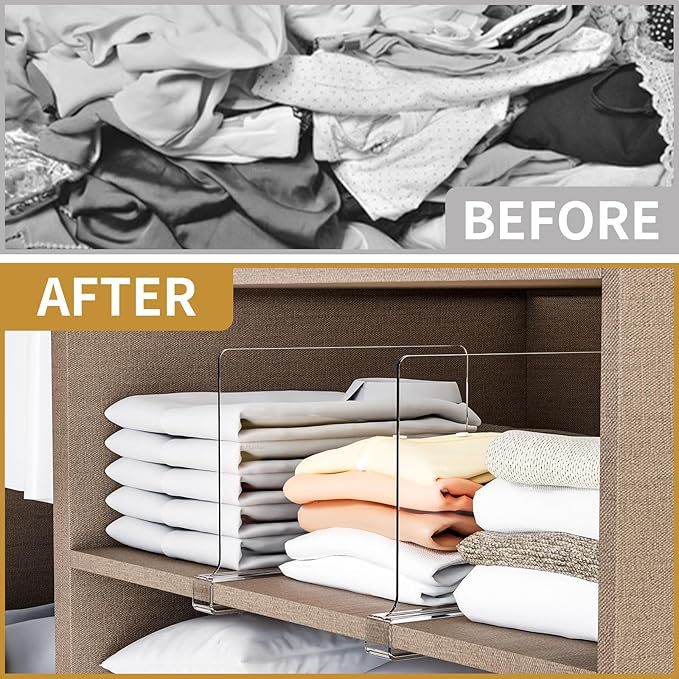 10-Pack Closet Organizers and Storage, Organizing Wardrobe, Kitchen, Bedroom Shelves, Clothes Shelves, Bookshelf Dividers, Towels and Hats, Wallet Dividers, Clear