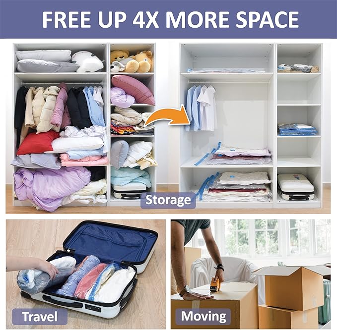 25 Pack Space Saver Bags (5 Jumbo/5 Large/5 Medium/5 Small/5 Roll) Compression Storage Bags for Comforters and Blankets, Vacuum Sealer Bags for Clothes Storage, Hand Pump Included