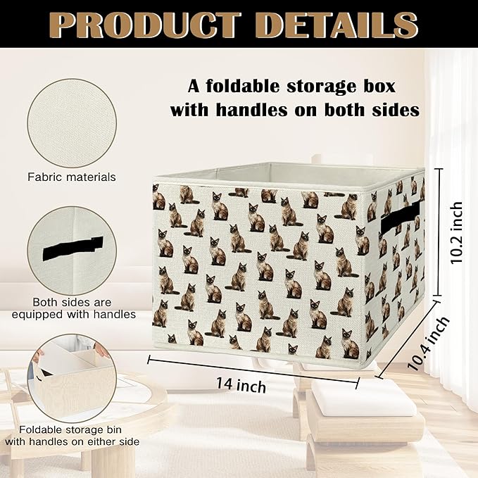 Siamese Cat Gifts Storage Bins & Boxes with Handles, Cat Mom Lovers Gifts Foldable Basket for Organizing, Gift for Pet Lovers Collapsible Storage Basket for Bedroom Bathroom Clothes Toys Books