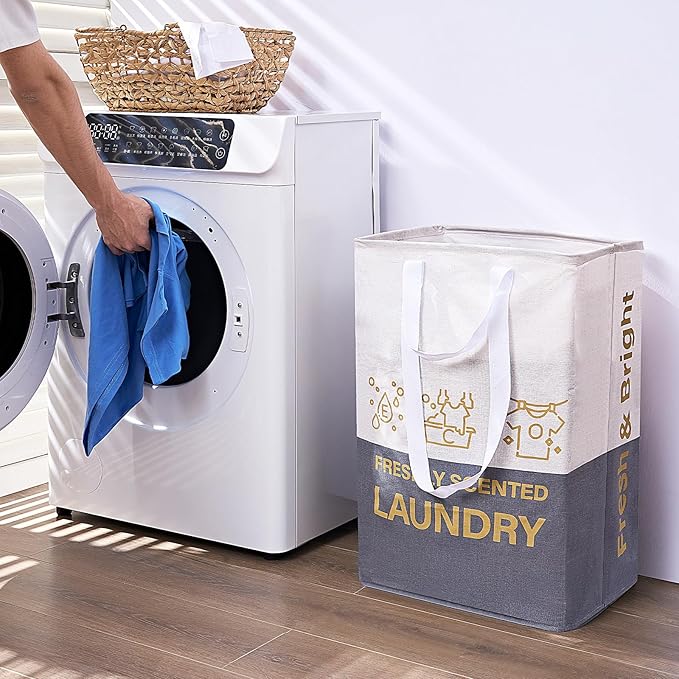 ELONG HOME 2 Pack Laundry Baskets, 92L Freestanding Laundry Basket with Handles, Waterproof Tall Collapsible Clothes Hamper for Dorm, Bedroom, Bathroom