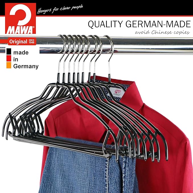 Mawa by Reston Lloyd Silhouette Ultra-Thin Series, Non-Slip Space Saving Shirt Hanger with Pant Bar & Skirt Hooks, Style 42/FTU, Black