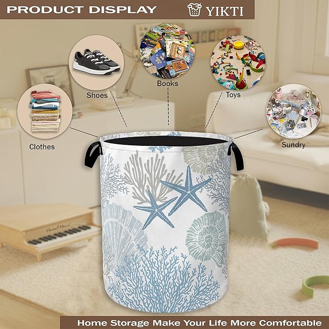 Collapsible Laundry Basket,Coastal Beach Dirty Clothes Hamper,Watercolor Shell Starfish Coral Hampers for Bedroom Waterproof Oxford Cloth Storage Organizer for Bathroom,Nursery,Dorm,16x20 Inch