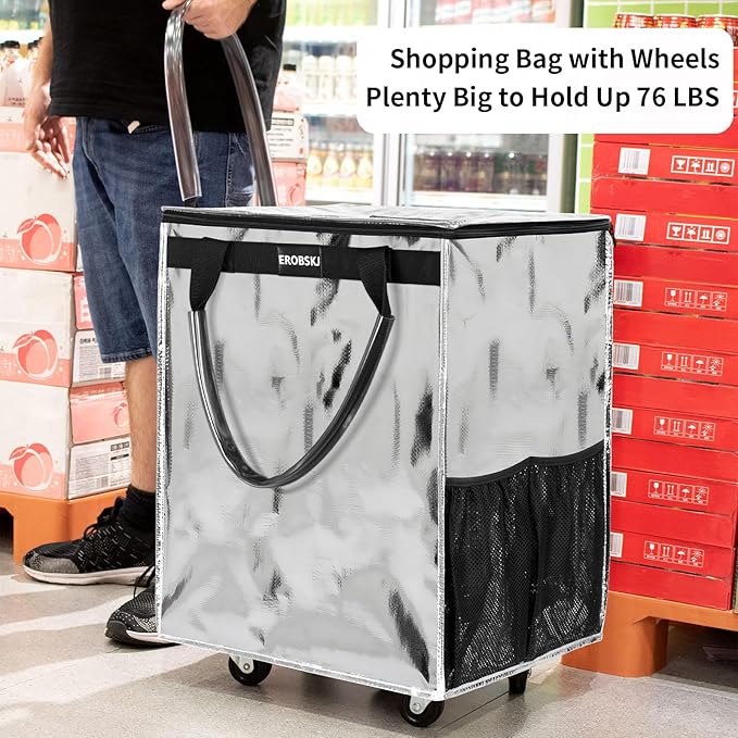 (Medium,Silver) Reusable Grocery Bag on Wheels, 70L Foldable Rolling Tote, Carries Up to 66 lbs Shopping Trolley, Zipper Clouser Shopping Carts for Trips, Laundry, 4 Heavy Duty Wheels and 3 Handles