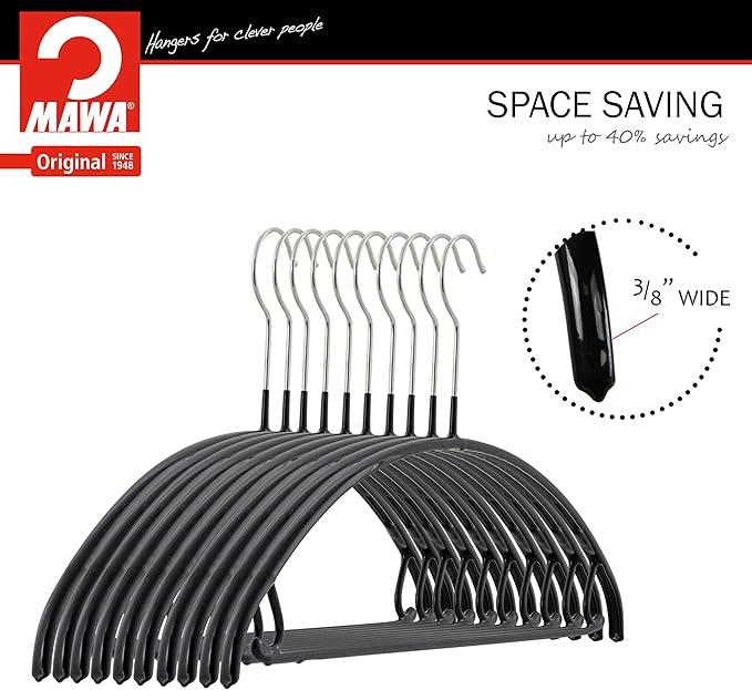 MAWA Reston Lloyd Euro Series Non-Slip Space-Saving Clothes Hanger with Bar and Hooks for Pants and Skirts, Style 42/U, Set of 2, Black