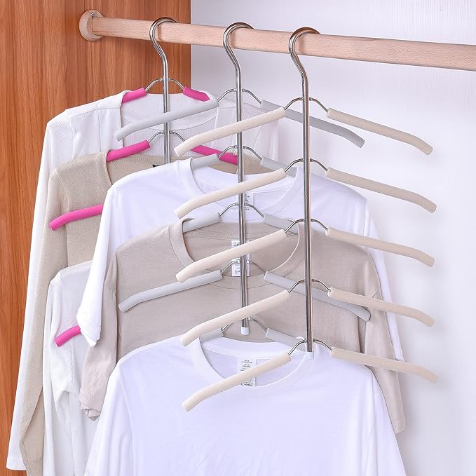 3 Pack 5 in 1 Space Saving Clothes Hangers Chrome and Foam Blouse Tree Hangers Multi Layers Clothes Rack Non Slip Stainless Steel Shirt Hanger Coats Hanger Closet Storage Organizer(White)