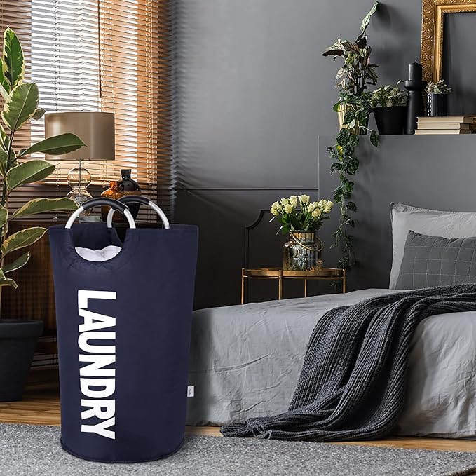 Large Laundry Basket Collapsible，Freestanding Clothes Hamper Bag with Handles – Tall Folding Dirty Laundry Bin，Sturdy Laundry Sorter for College Dorm，Laundry Room – 130L (Navy Blue)