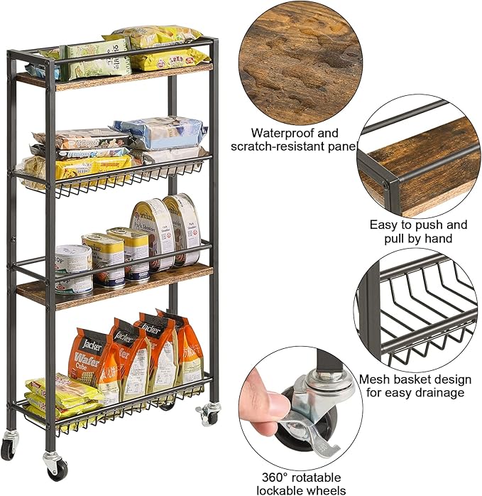 YMYNY Slim Kitchen Storage Rolling Cart, 4-Tier Utility Cart on Wheels, for Narrow Spaces, Laundry Room, Dining Room, Bathroom, 32.7" H Shelving Unit with Mesh Baskets, Rustic Brown UHBR002H