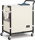 SOLEDI Laundry Basket with Wheels,38 Gallons(145L) Laundry Hamper 2 Section,Sturdy Metal Frame with Handle,Laundry Cart,Rolling Laundry Basket for Bedroom Aesthetic,Easy to Assemble,Ivory