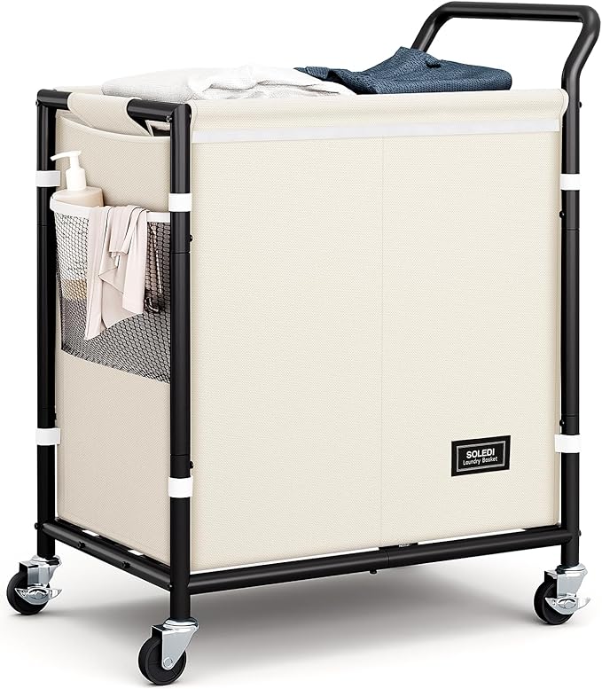 SOLEDI Laundry Basket with Wheels,38 Gallons(145L) Laundry Hamper 2 Section,Sturdy Metal Frame with Handle,Laundry Cart,Rolling Laundry Basket for Bedroom Aesthetic,Easy to Assemble,Ivory