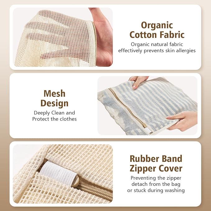 HEAVYWOOD 4-Piece Cotton Mesh Landry Bag Organic Wash Bag for Washing Machine Lingerie Bags for Washing Delicates with Sturdy Anti-Rust Zipper Clothes Washing Bag (4Bags, L)