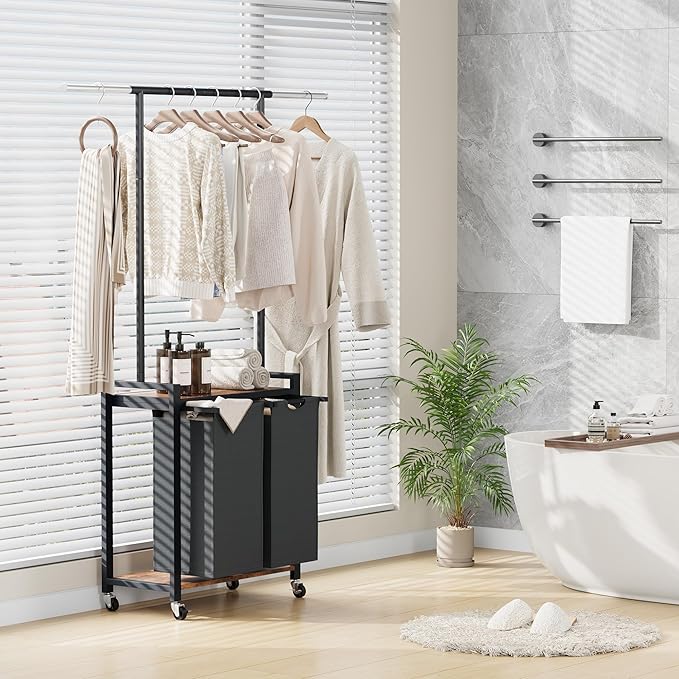 IDEALHOUSE Laundry Sorter 2 Section with Hanging Rack,Rolling Laundry Sorter Hamper with Shelf & Lockable Wheels,Laundry Basket Organizer for Laundry Room, Bedroom, Bathroom