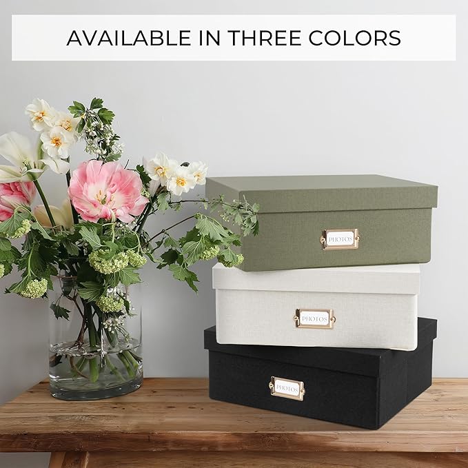ZICOTO Decorative Photo Storage Box - Sturdy Linen Photo Organizer with Dividers is Perfect to Store Up to 1700 Pictures and 4x6 Photos - Portable Scrapbook Storage Containers with Lid