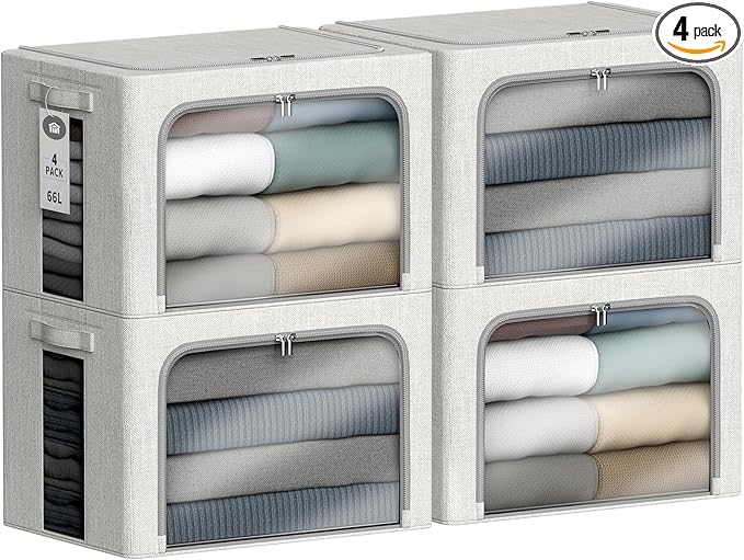 4 Pack Clothes Storage Bins with Metal Frame - 66L Stackable Storage Box with Lid，Foldable Storage Container Organizer for Clothes，Linen Fabric Storage Box with Clear Window＆Zippers＆Handles