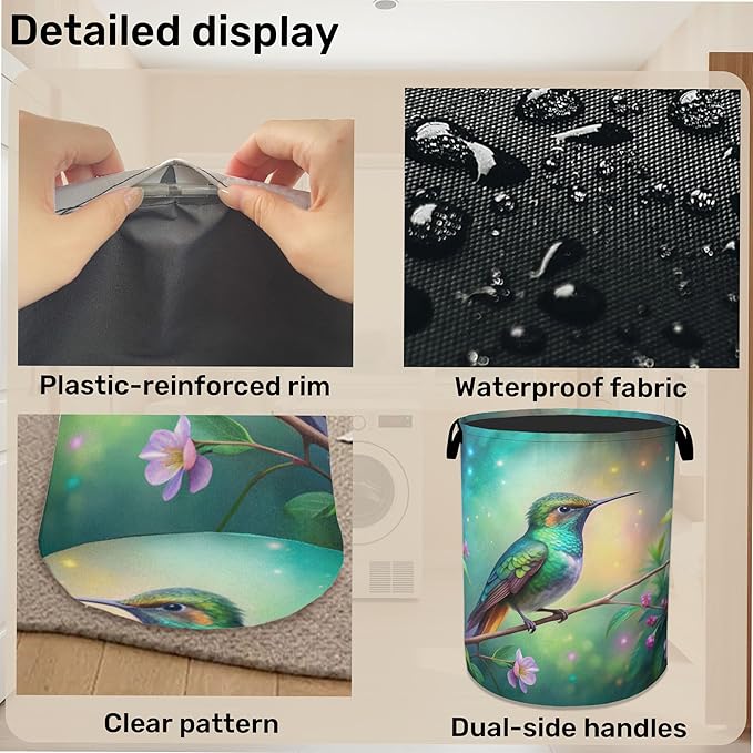 Hummingbird Laundry Basket - Heavy Duty 60L Laundry Hamper, Water Resistant Foldable Dirty Clothes Organizer for Men Women