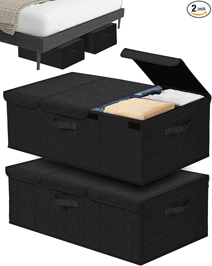 Deep Under Bed Storage Container, 10" Tall Height Underbed Box Bin with Lids 31" Long Large Basket for Under Bed, Bedroom, Dorms, Clothes, Bed sheets, Blankets, 2 Pack, Black