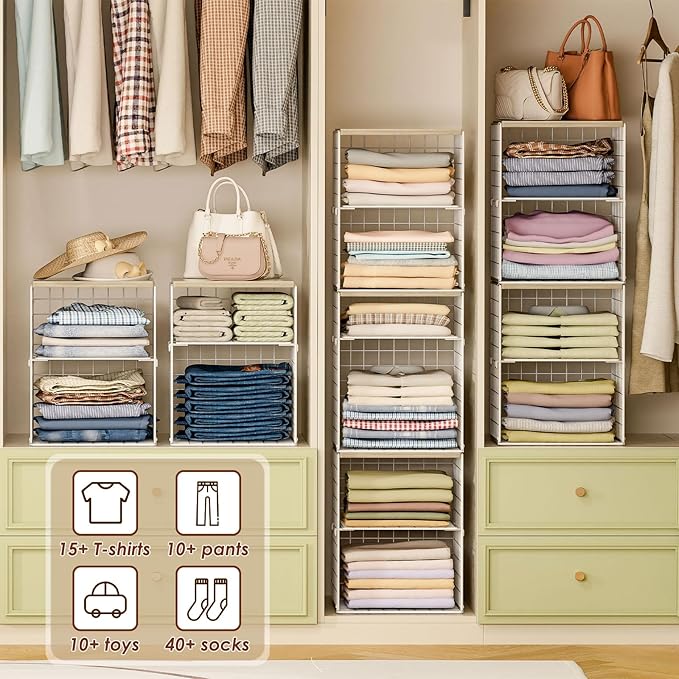 4-Tier Stackable Closet Organizers and Storage, Adjustable Dividers & Wood Top Storage Shelves for Clothes, Wardrobe & Closet Storage Basket Bins/Cube, Space-Saving Closet Organizer System, White
