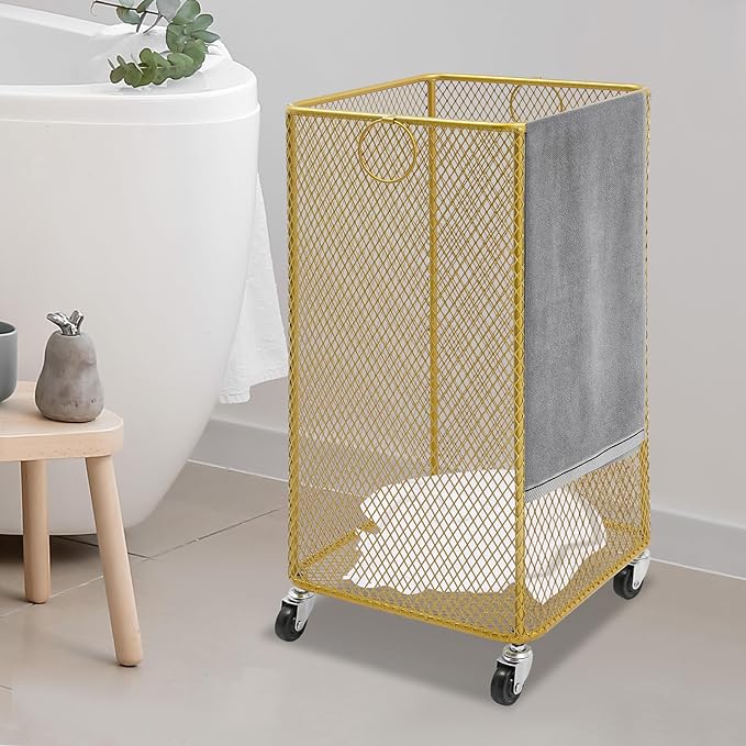 Laundry Basket on Wheels, Large Rolling Laundry Hampers, Stackable Storage Cart with Handles Removable Wire Organizer Baskets Clothing Sorting Rack (Gold, Square)