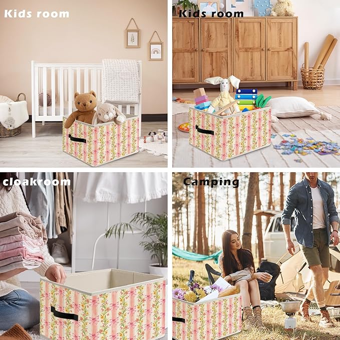Pink Striped Bow Floral Storage Bin Box with Handles, Grandmillennial Shabby Chic Flower Botanical Foldable Organizer Basket Toybox for Girls Room Bedroom Bathroom Clothes Toys Books