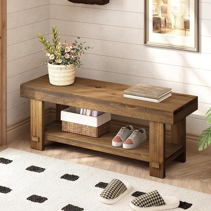Solid Wood Entryway Bench - 42.6" Farmhouse Long Storage Benches, Narrow Bench Seat for Indoor, Entryway, Dining Room, Living Room, Bedroom and Hallway, Rustic Natural
