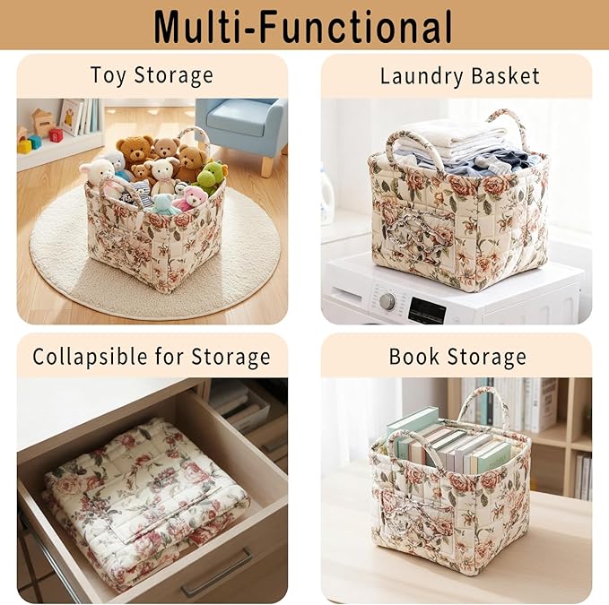 Mo&Cy Fabric Storage Basket with Handle – Collapsible Quilted Boho Floral Organizer for Laundry Room Organization,Clothes Basket,Toy Organizers and Storage,Diaper Caddy Basket(Rustic Rose)