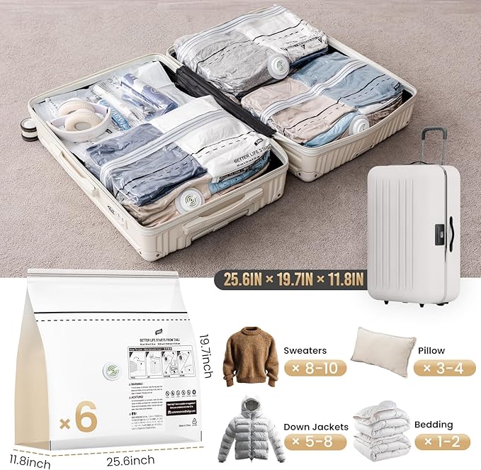 TAILI 6 Pack Cube Vacuum Storage Bags, Medium Size (25x19x11 inch), Vacuum Seal Bags for Clothing, Travel Compression Packing for Clothes, Blankets, Baby Clothes, Travel Essential