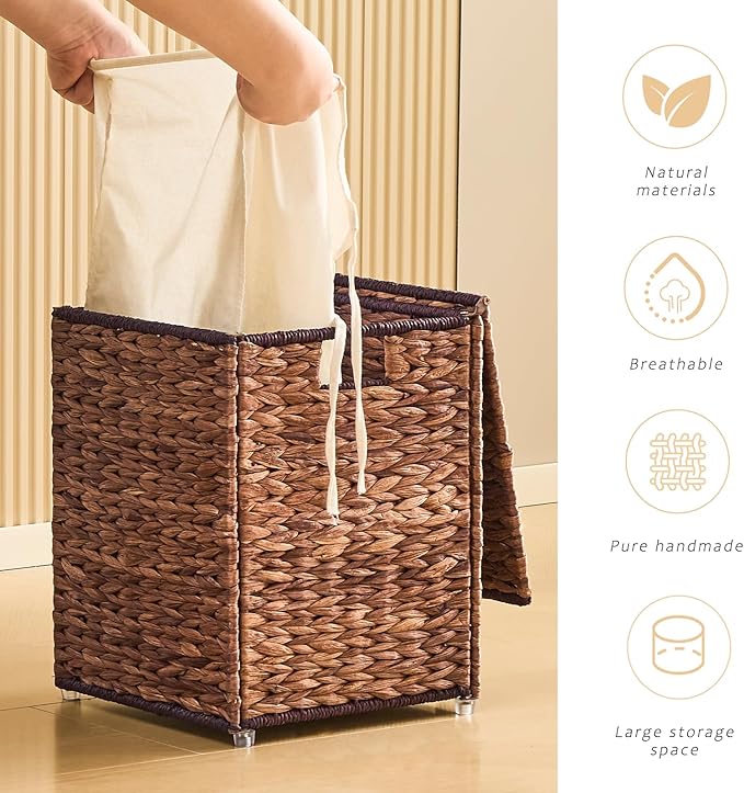 Mini Handwoven Laundry Basket with Lid, Natural Water Hyacinth Storage Basket with Handle, Removable Cotton Liner, Durable and Stylish for Bedroom, Bathroom, Laundry Room