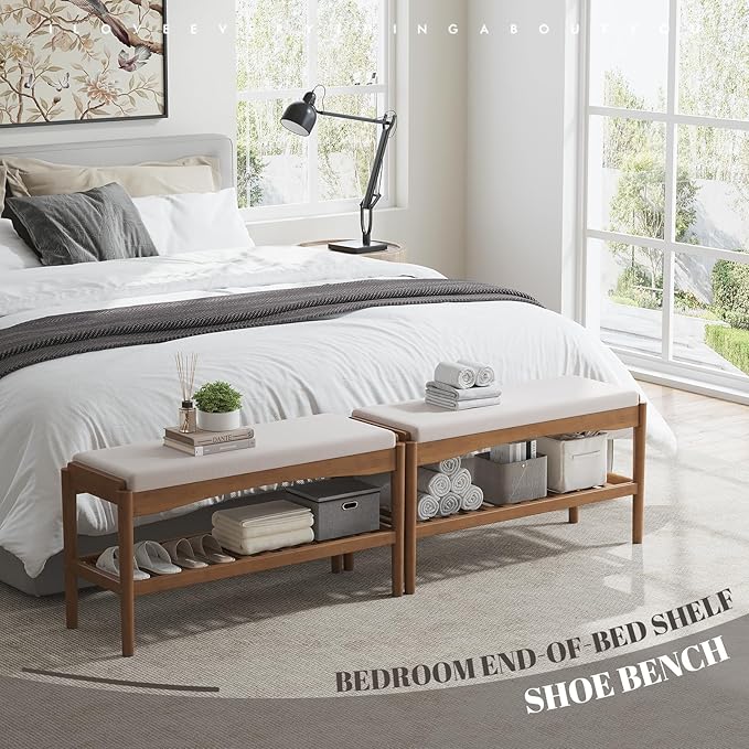 Shoe Bench Entryway Bamboo 2-Tier Shoe Rack with Cushion Padded Seat Shoe Bench Organizer Stable for Entry, Hallway, Living Room, Bedroom, Closet (31.5 * 11.4 * 16.5IN, Brown-Beige)