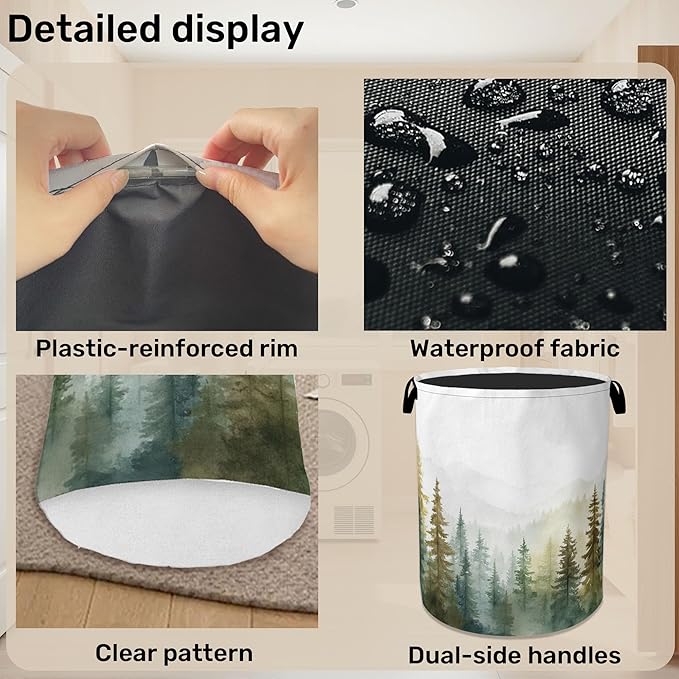 Misty Forest Green Foldable Laundry Hamper - Waterproof Fabric Storage Basket with Handles, Clothes Hampers for Laundry,Bedroom,Dorm