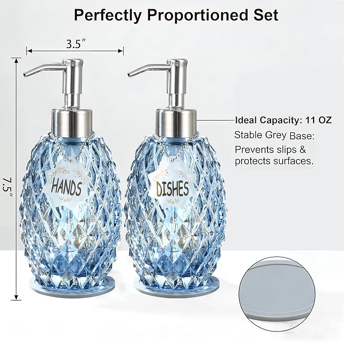 MALACHI Soap Dispenser Set, Crystal-Textured Diamond Glass with Rustproof Stainless Steel Pump, Dual-Labelled Hand & Dish Soap Dispenser for Kitchen & Bathroom