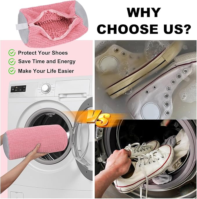 Shoe Washing Machine Bag - Shoe Laundry Bag for Washer and Dryer, Reusable 2 Pack, 360° Deep Cleaning, Self-Locking Zipper, Fits All Sneakers & Tennis Shoes - Pink