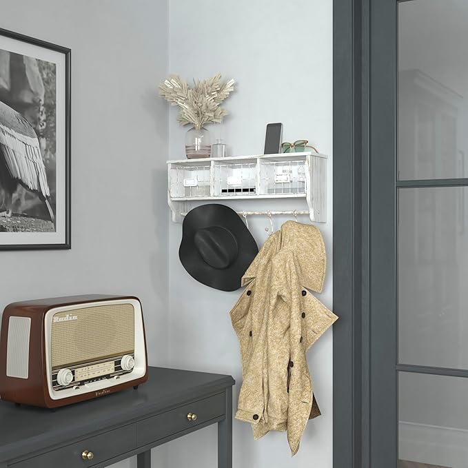 Flash Furniture Daly Wall Mounted Storage Rack - Whitewashed Solid Pine Wood - 24 Inch - Upper Shelf - 5 Hooks - Wire Baskets - For Entryway, Kitchen, Bathroom