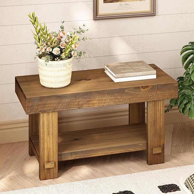 Solid Wood Entryway Bench - 31.5" Farmhouse Small Storage Benches, Narrow Bench Seat for Indoor, Entryway, Dining Room, Living Room and Hallway, Rustic Natural