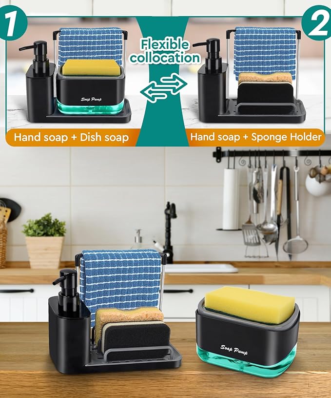 Kitchen Soap Dispenser Set with Tray and Sponge Holder, Dish and Hand Soap Dispenser with Dishcloth Holder 5-in-1 Kitchen Sink Countertop Storage Organizer, Practical Kitchen Gadgets - Black