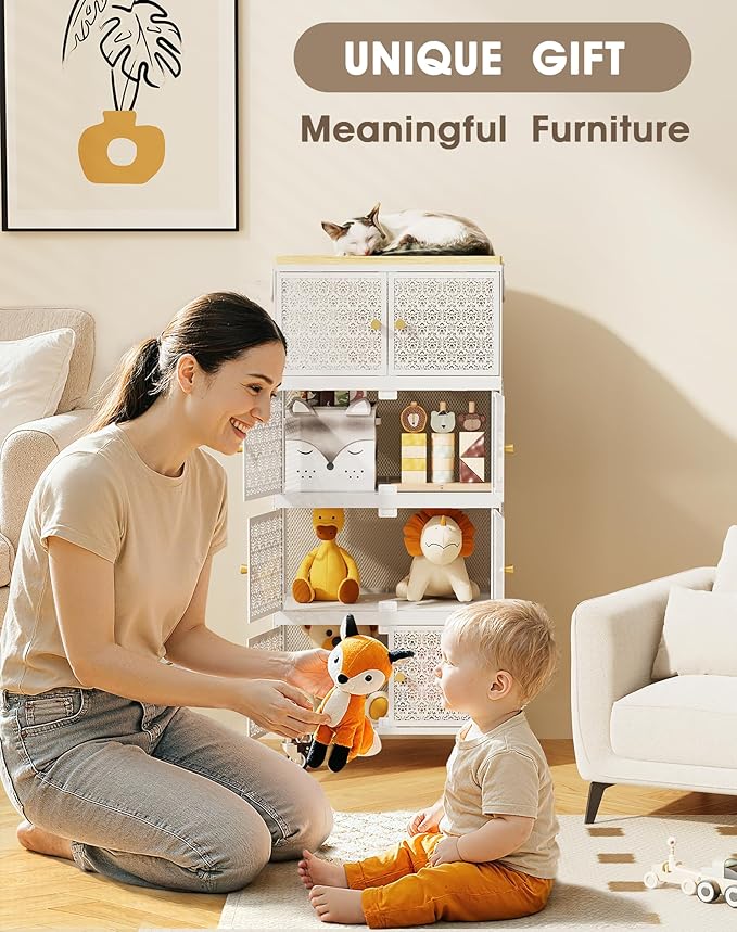 4 Tier Metal Storage Cabinet with wheels, Storage Bins with Magnetic Doors, Storage Cart for Living Room, Bedroom, Bathroom, Kitchen