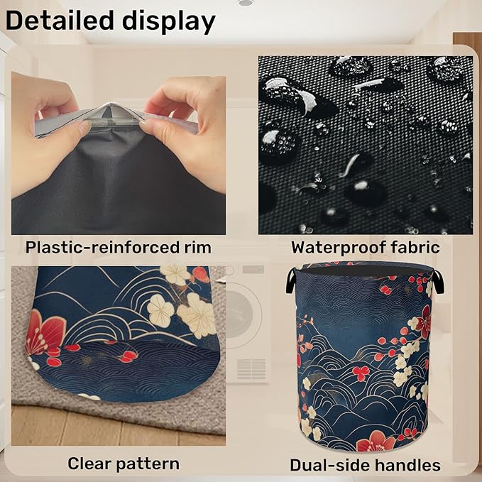 Japanese Cherry Blossom Laundry Basket, Blue Large Clothes Hamper Bag with Handles, Space Saving Foldable Design for Nursery