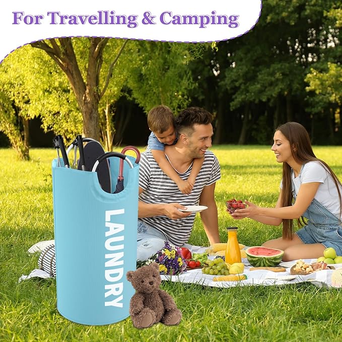 95L Foldable Blue Laundry Basket with Handles, Big Clothes Hamper for Bedroom, Dirty Clothes Basket Stand Upright, Portable Laundry Bag for Dorm, Nursery, Family, Blue