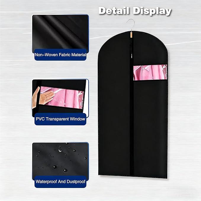 Garment Bag for Storage, Travel, and Dustproof, 40, 48, 60 inches Long, Washable Suit Cover for T-shirts, jackets, suits, and coats, non-woven (black, 24" x 60"-1pcs)