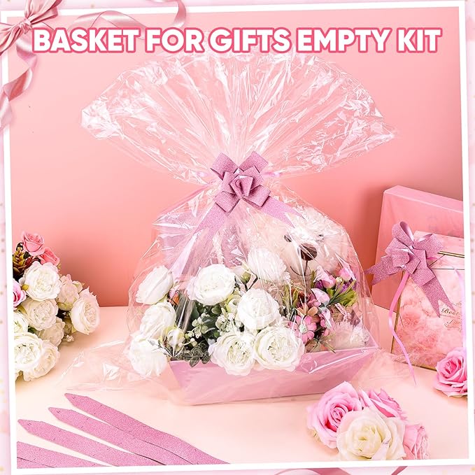 AFOROEOA 10PACK Pink Baskets For Gifts Empty, 10x12” Thick Gift Basket with 10 Bows 10 Bags Empty Gift Baskets for Christmas, Valentine’s Day, Easter, Birthdays, Valentine’s Day Wrapping Gift
