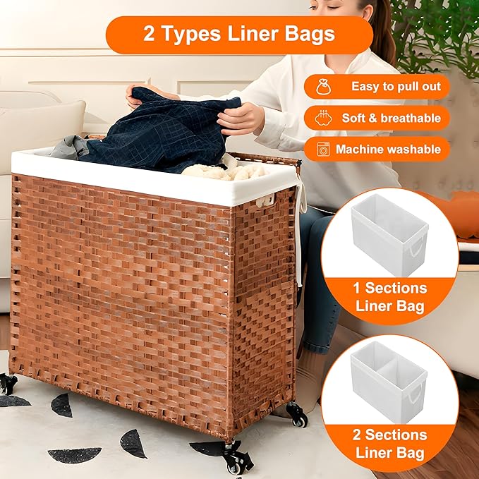 HYCHIKA Laundry Hamper with Lid and Wheels, 42.26 Gallon (160 L) Wicker Laundry Basket with Removable Bags and Handles, 2 Sections Woven Clothes Basket for Bedroom, Bathroom (27.6" * 13.4" * 26.4")