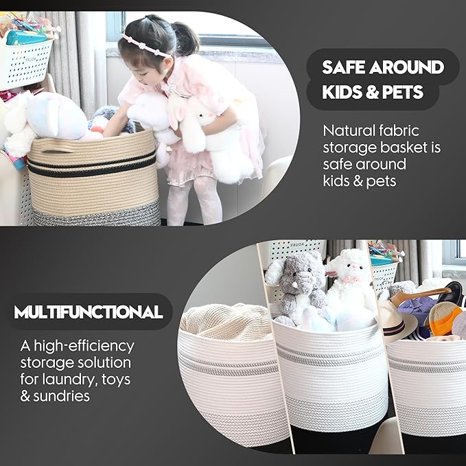 Sea Team Large Size Cotton Rope Woven Storage Basket with Handles, Laundry Hamper, Fabric Bucket, Drum, Clothes Blankets Organizer for Kid's Room, 18 x 20 inches, Round Open Design, White & Black