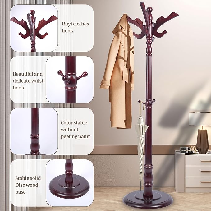 Free Standing Coat Rack with 14 Hooks, Vintage Wooden Coat Tree, Adjustable Height 73 Inches, Retro Coat Stand for Entryway, Living Room, Office & Bedroom (Mahogany) (Flying Swallow, 1 PCS)