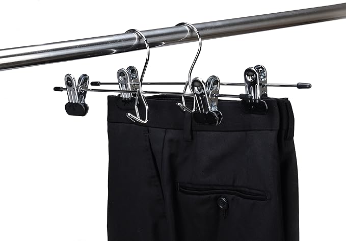 12 Quality Pants Hangers Heavy Duty Add-on Skirt/Slack Metal Hanger, Extra Wide Adjustable Clips, Multi Stackable Add on Hangers, Chrome, Jeans, Bottoms (12)