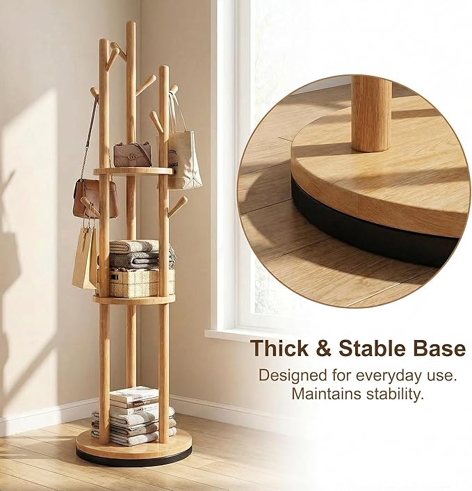 Rotating Solid Wood Coat Rack with 3 Storage Shelves, 360° Swivel Freestanding Entryway Coat Stand,Modern Space-Saving Organizer,Natural Wood
