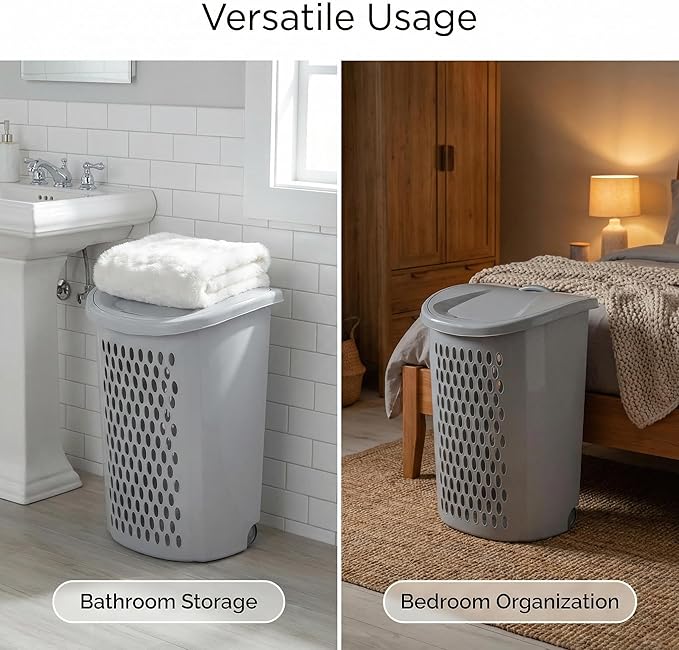 Gray Laundry Basket with Rolling Wheels,Extra Large Huvy-duty Plastic Laundry Hamper with Lid & Retractable Handle suitable Families, Dormitories, Laundry Rooms