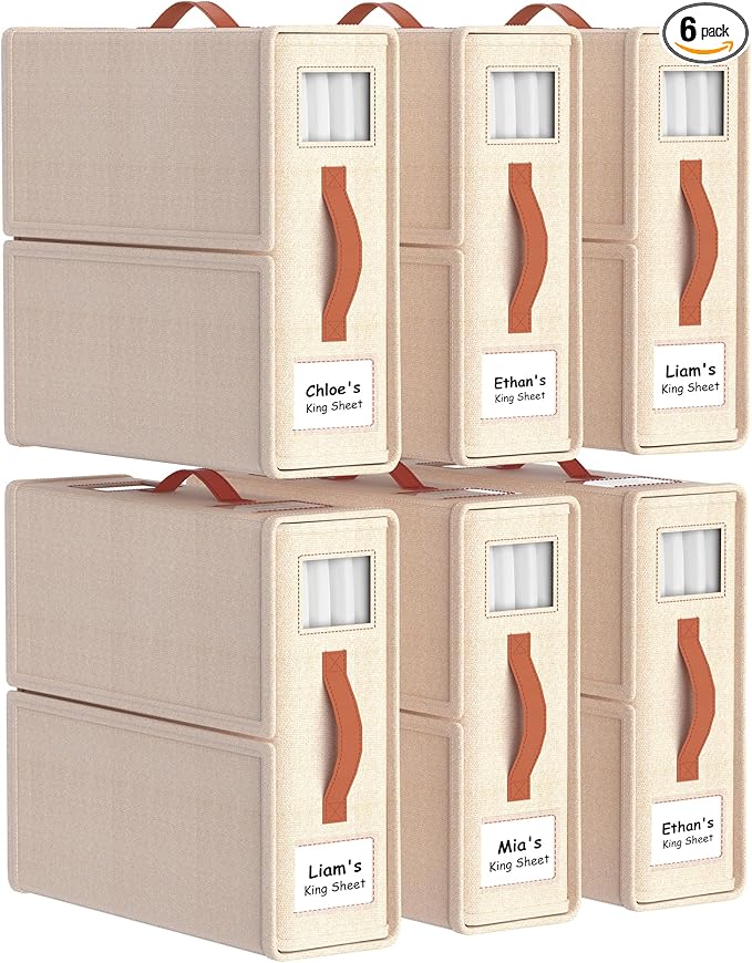 6 Pack Bed Sheet Organizers and Storage(King &Queen Size) with an Elastic Strap, Foldable Closet Linen Sheet Storage Container, Sheet Set Box for Blanket, Duvet Cover and Pillowcase, Beige