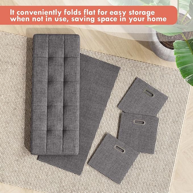 Ornavo Home Storage Ottoman with 3 Drawers, 40 Inches Long Foldable Tufted Linen Large Bench Ottoman with Storage, Foot Rest Stool Seat, for Living Room, Bedroom, Entryway, Dark Gray