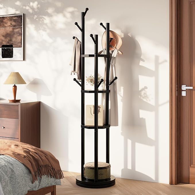 Solid Wood Coat Rack Freestanding, Rotating Coat Rack with 3 Shelves and 9 Hooks, Coat Tree for Bedroom, Entryway, Livingroom, Coat Hanger Stand for Coats, Scarves, Handbags (Black)