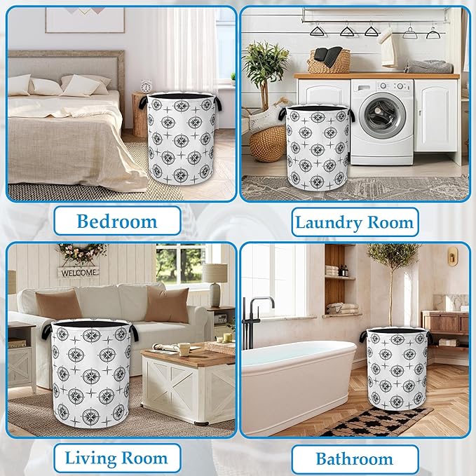 Black Compass Laundry Basket Collapsible Laundry Hamper Clothes Toy Storage Bin for Bathroom Bedroom Room Decor 16" X 20.8"