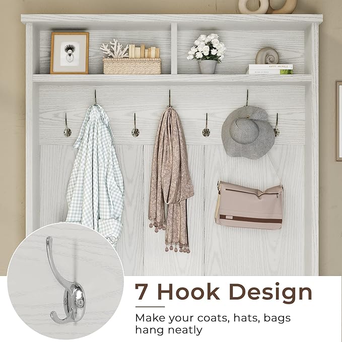 Itaar Hall Tree with Storage Bench, 3-in-1 Entryway Bench with Coat Rack, Adjustable Shoe Storage and Hanging Hooks, Embossed White